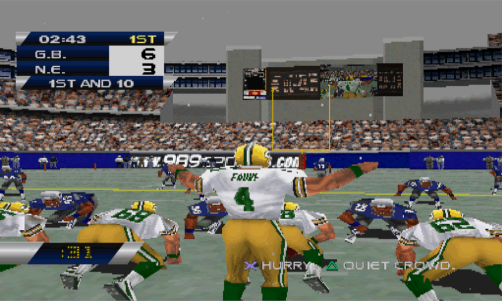 Virtual Brett Favre quieting the crowd pre-snap - Image from NFL Gameday 99 for the PlayStation