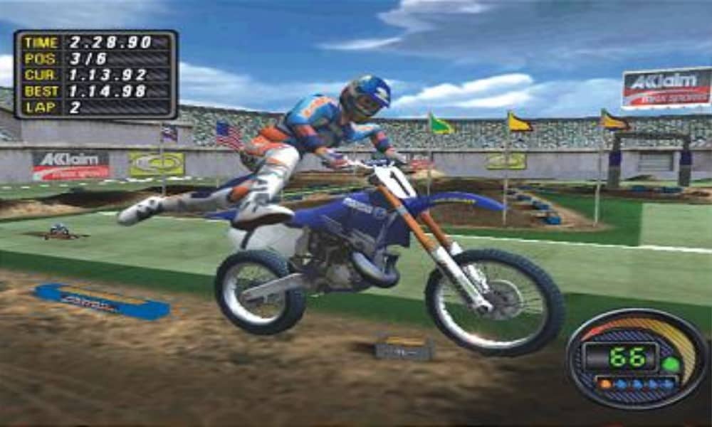 Virtual Jeremy McGrath performing a mid-air trick - Image from Jeremy McGrath Supercross World for the PlayStation 2