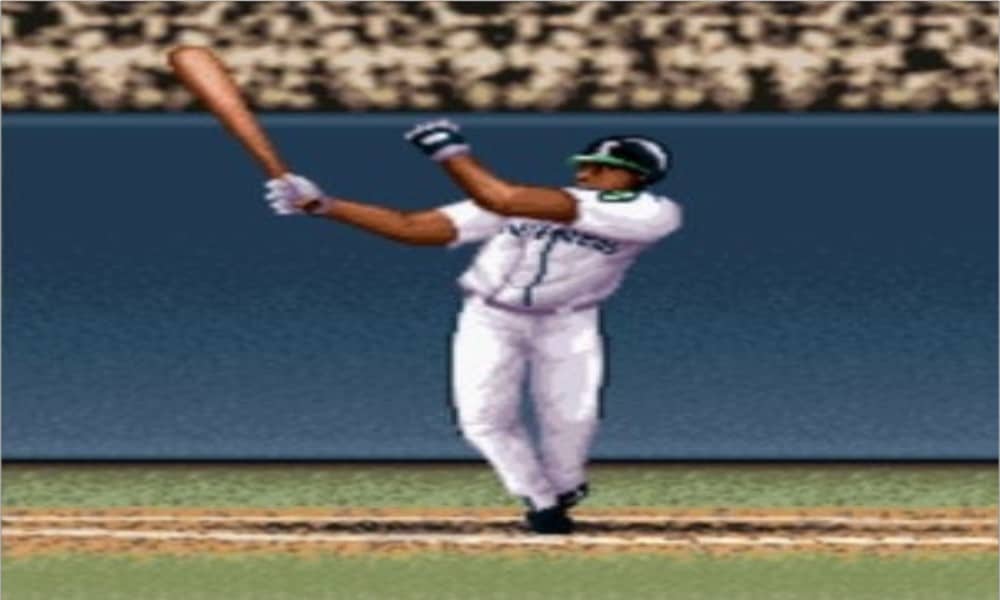 Virtual Ken Griffey jr. taking a practice swing - Image from Ken Griffey Jr. Presents Major League Baseball on the SNES