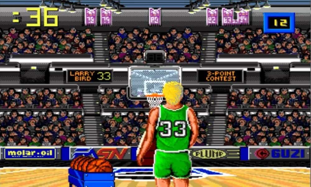 Virtual Larry Bird competing in the 3 point shootout - Image from Jordan Vs. Bird: One On One for the Sega Genesis
