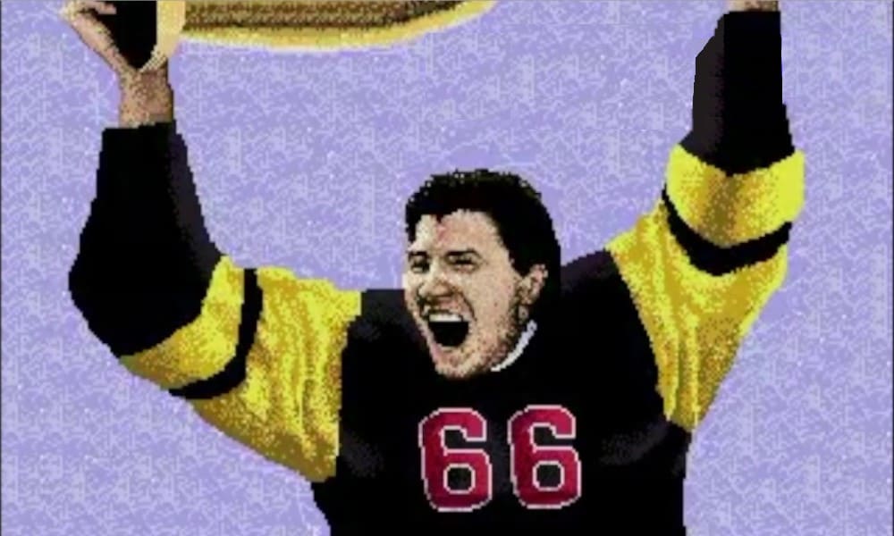 Virtual Mario Lemieux hoisting up the Stanley Cup trophy - Image from Mario Lemieux Hockey for the Sega Genesis