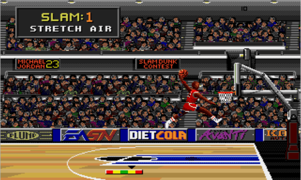 Virtual Michael Jordan slam dunking the ball - Image from Jordan Vs. Bird: One On One for the Sega Genesis