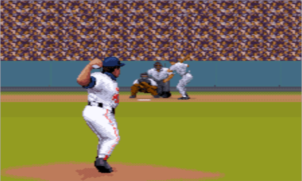 Virtual Roger Clemens ready to deliver a power fastball - Image from Roger Clemens MVP Baseball for the SNES