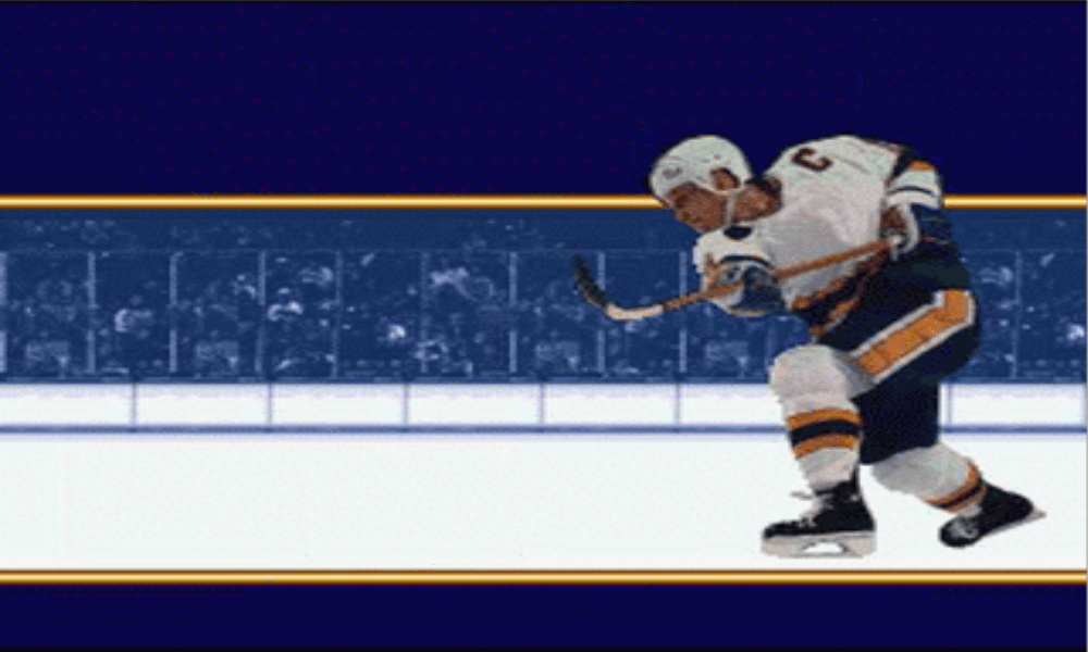 Virtual Brett Hull holding his hockey stick after a slapshot - Image from Brett Hull 95' for the SNES