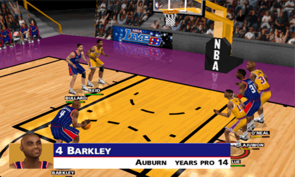 Virtual Charles Barkley preparing to shoot a free throw - Image from NBA Live 99 for the PlayStation
