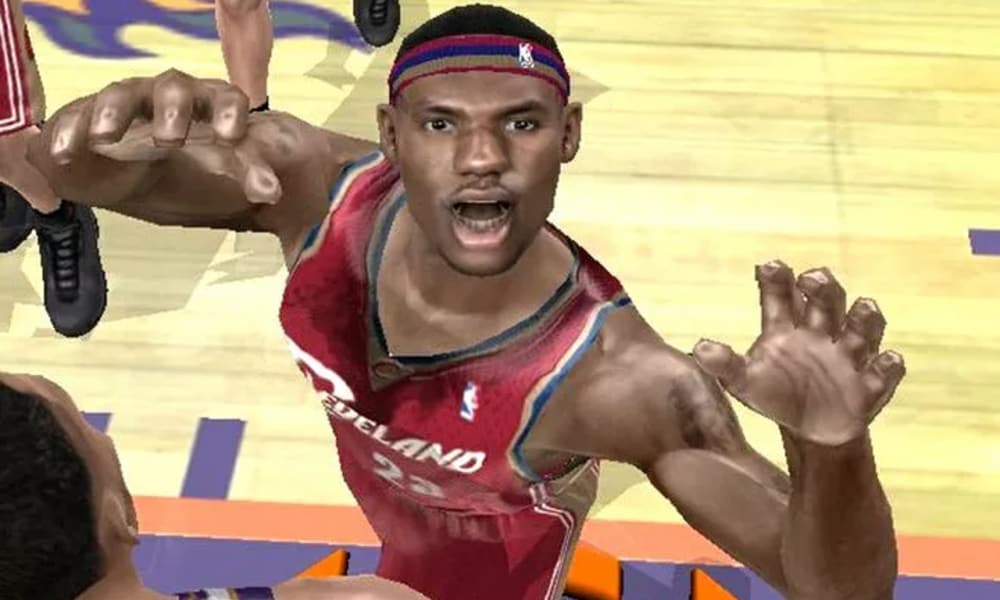 Virtual LeBron James ready to snatch up a rebound - Image from NBA Live 2005 for the PlayStation 2