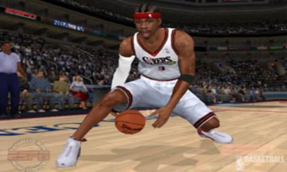Virtual Allen Iverson dribbling the ball between his legs - Image from NBA 2k3 for the Xbox