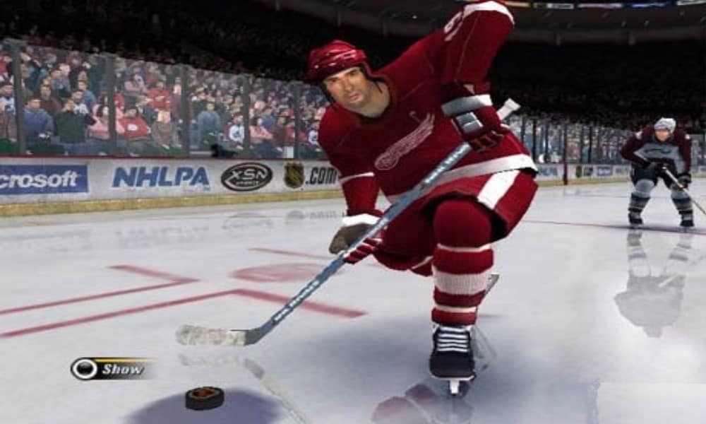 Virtual Steve Yzerman winding up for a shot - Image from NHL Rivals 2004 for the Xbox