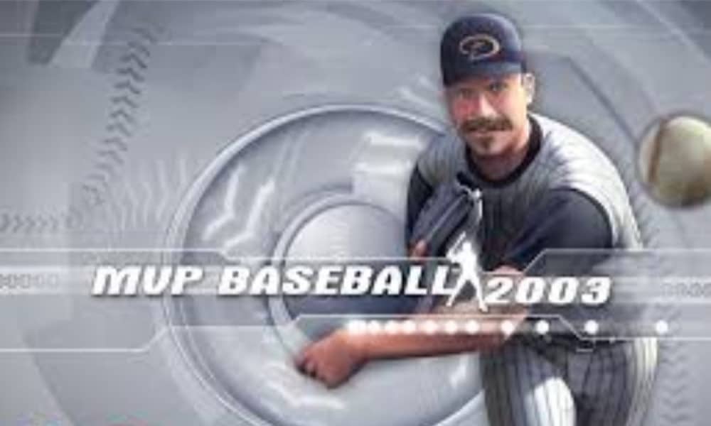 Virtual Randy Johnson throwing a baseball at the screen - Image from MVP Baseball 2003 for the Xbox