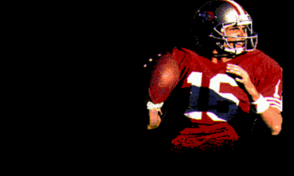 Virtual Joe Montana prepared to throw the football - Image from NFL Sports Talk Football '93 for the Sega Genesis
